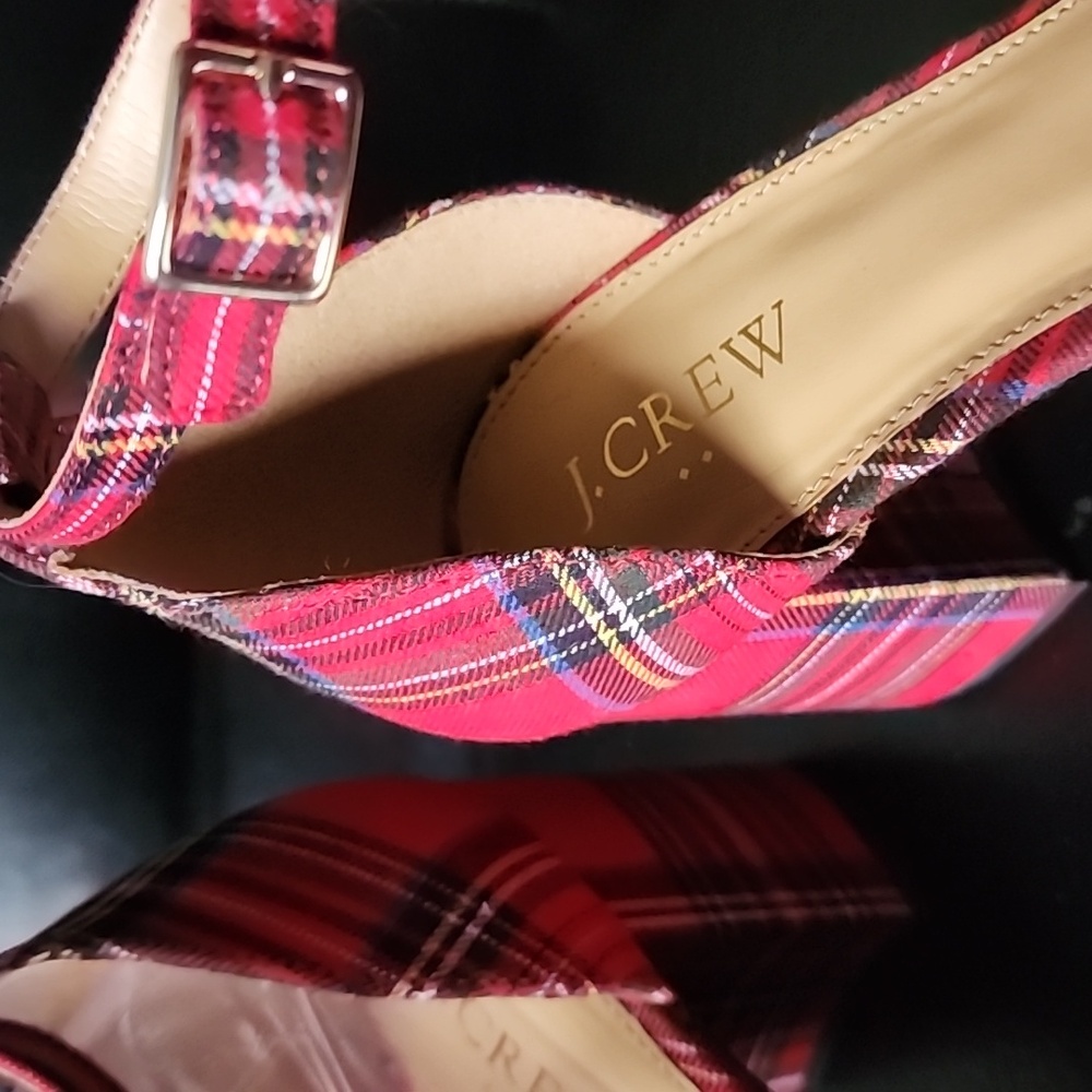 J. Crew Factory Tartan Plaid Ankle-Strap Block Heels Red Holiday Pumps Size 9.5 - Picture 5 of 9